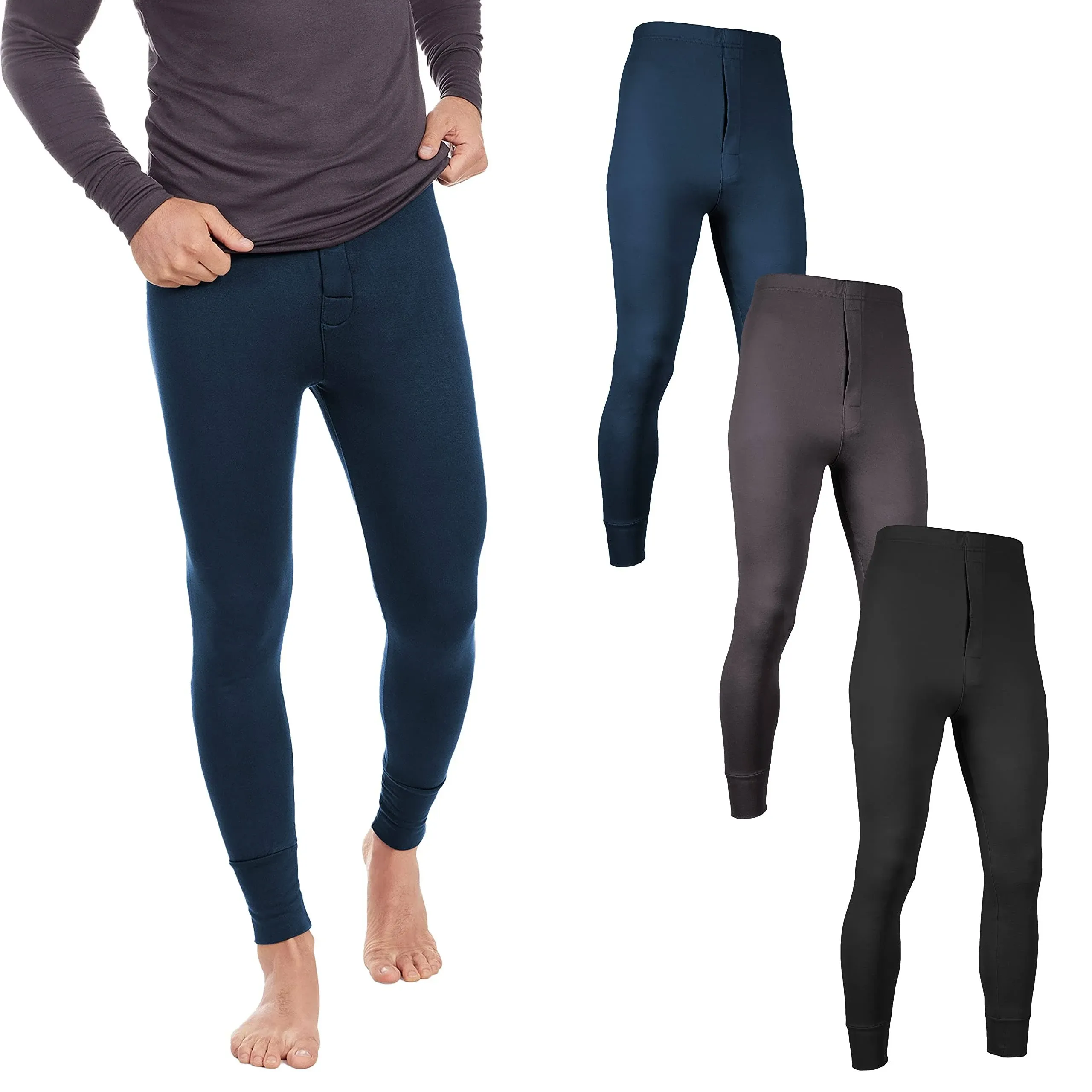 Project Better Place Men's Long Johns Thermal Underwear | Fleece Lined Base Layer Bottoms- 3 Pack