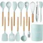 Country Kitchen Silicone Cooking Utensils, 14 PC Kitchen Utensil Set, Easy to Clean Wooden Kitchen Utensils, Cooking Utensils, Mint