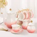 DUJUST 22 pcs Porcelain Tea Set for 6, Luxury British Style Tea/Coffee Cup Set with Golden Trim, Beautiful Tea Set for Women, Tea Party Set, Gift Package (With a Stand) - Gradient Pink