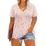 Tiyomi Womens Plus Size Shirts 2x Star Short Sleeve Pink Topss V-Neck Casual Spring Tees Casual Loose Fit Blouses for Summer 2XL 18W 20W, Women's