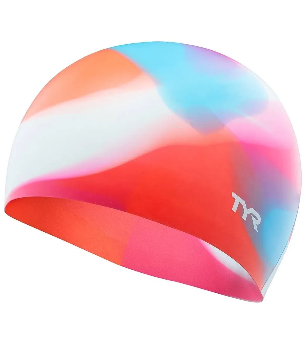 TYR Youth Silicone Long Hair Swim Cap Pink, Blue Tie Dye New