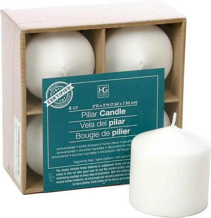 Hosley 4" High White Unscented Pillar Candles Set of 4. Ideal for Wedding, Emergency Lanterns, Spa, Aromatherapy, Party, Reiki, Candle Gardens