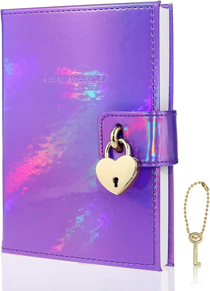 Heart Shaped Lock Journal, Rainbow Laser PU Hard Cover Notebook Travel Diary, B6 Ruled Locking with Key Personal Work Log Notes Secret