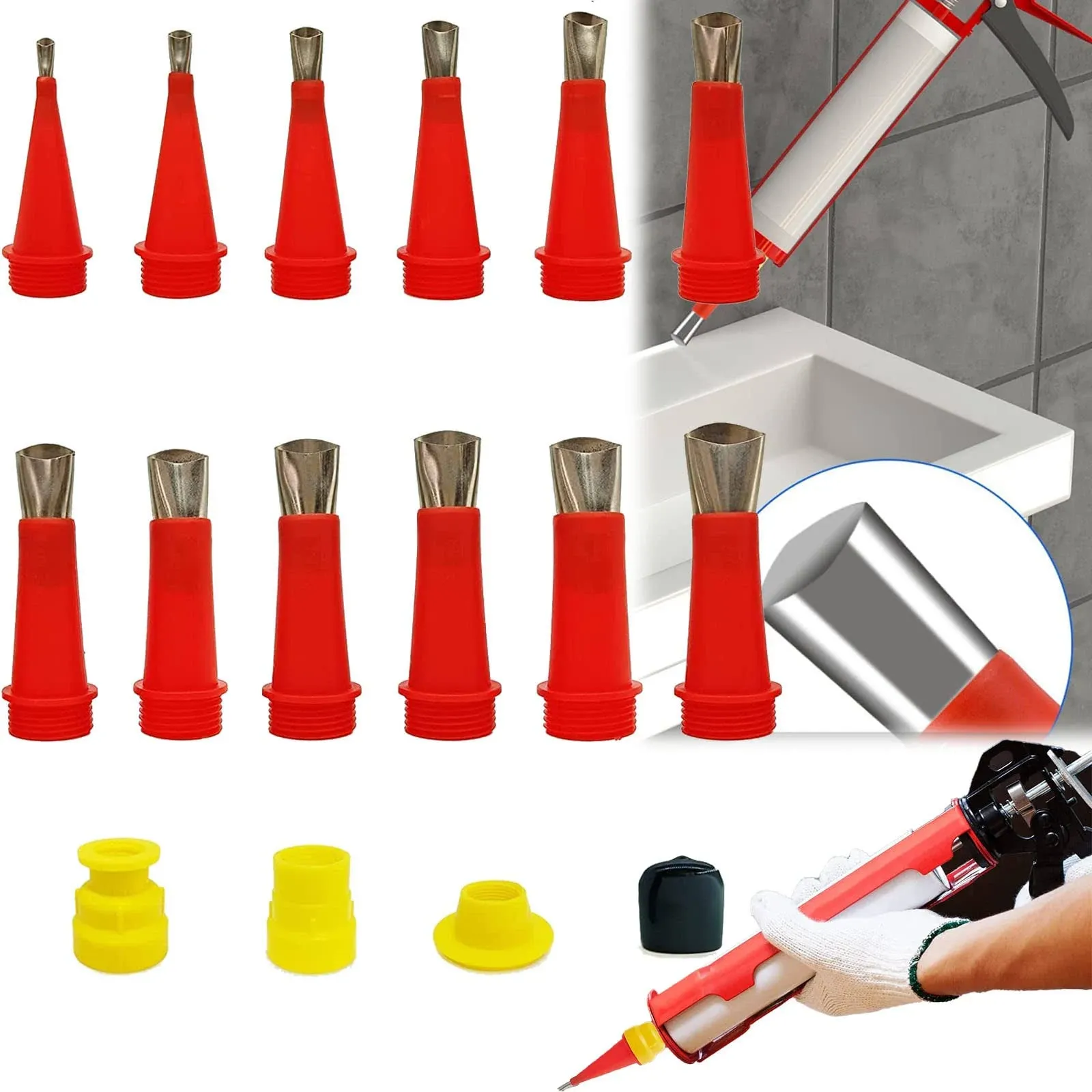 Universal Integrated Rubber Nozzle Tool Kit, Reusable 20 Piece Rubber Nozzle Tool with Base, Stainless Steel Caulking Nozzle Coating, Caulking Nozzle Applicator, for Home Use