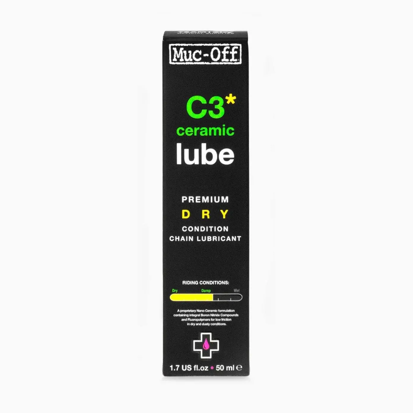 Muc Off C3 Ceramic Dry Chain Lube, 50 Milliliters - Premium Bike Chain Lubricant with UV Tracer Dye - Formulated for Dry and Dusty Weather Conditions, Green