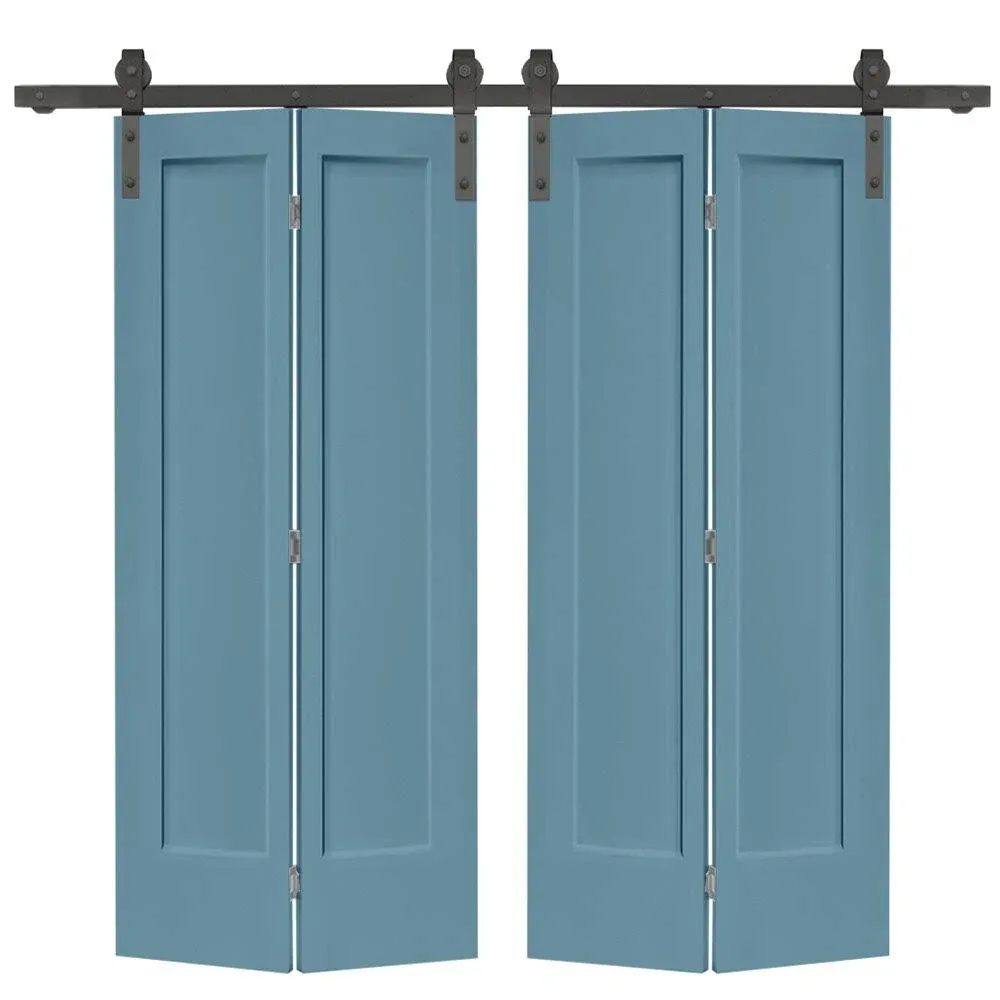 72 in. x 80 in. Hollow Core 1 Panel White Painted MDF Composite Double Bi-Fold Barn Doors with Sliding Hardware Kit