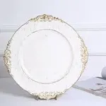 6 Pack 13" White Washed Gold Embossed Baroque Charger Plates, Round With Antique Design Rim