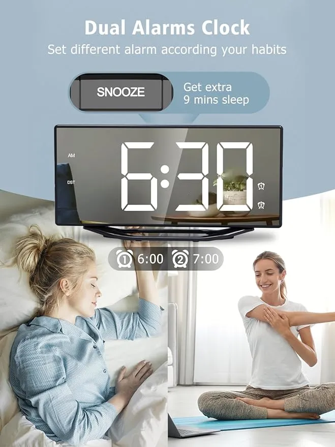 Alarm Clock for Bedroom,8.7"Big Display Digital LED Mirror Clock with 2 Alarms,Adjustable Dimmer&Volume,USB Phone Charger,Plug in Loud Basic Alarm Clock for Deep Sleeper Adult Kid Senior Teen Boy Girl