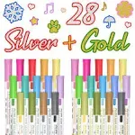 28 Pack Double Line Outline Markers, 14 Silver and 14 Gold Colors Squiggles Shim