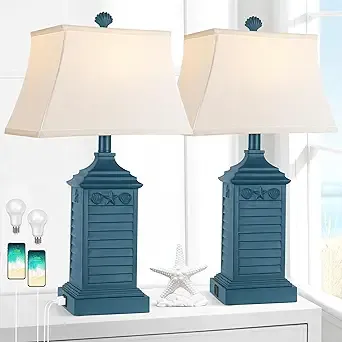 Set of 2 Table Lamps for Living Room Bedrooms, Coastal Nautical Navy Blue Bedside Nightstand Lamp with 2 USB Ports 1 AC Outlet, 3-Color Temperature Farmhouse Beach End Tables Lamp with LED Bulbs