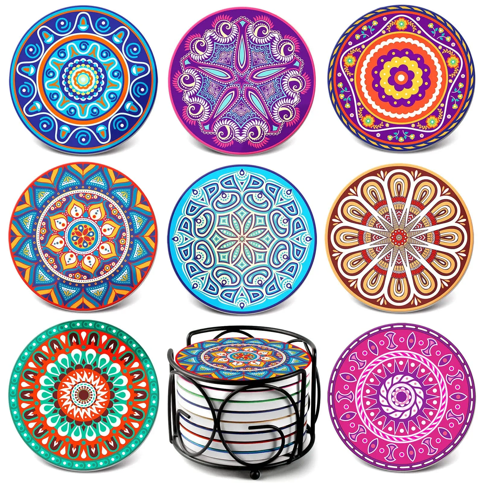  Absorbing Stone Mandala Ceramic Coasters for Drinks Cork Base with Holder, 