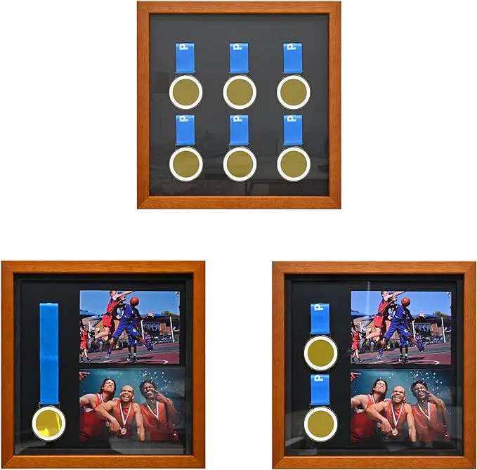 6 Medals Shadow Box Display Case, Solid Wood Sport Medal Display Frame, Medal Photo Frame, Perfect for Marathon, Runner, Awards, War Military, Race Winners Gifts (Coffee Color 13X13 inch