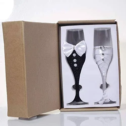 Sziqiqi Wedding Champagne Flute Glasses Pack for Bride and Groom Pack of 2 Champagne Glasses Silver with Gift Box Joint-Heart for Wedding, Anniversary, Engagement, Valentine's Day