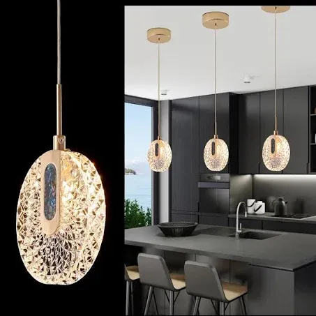 Modern Mini Pendant Light Kitchen Island 3-Pack, 7.4in 3-Color Gold Acrylic LED Light Fixtures, Small Pendant Lighting Hanging Ceiling Light for Dining Room Bedroom Bedside