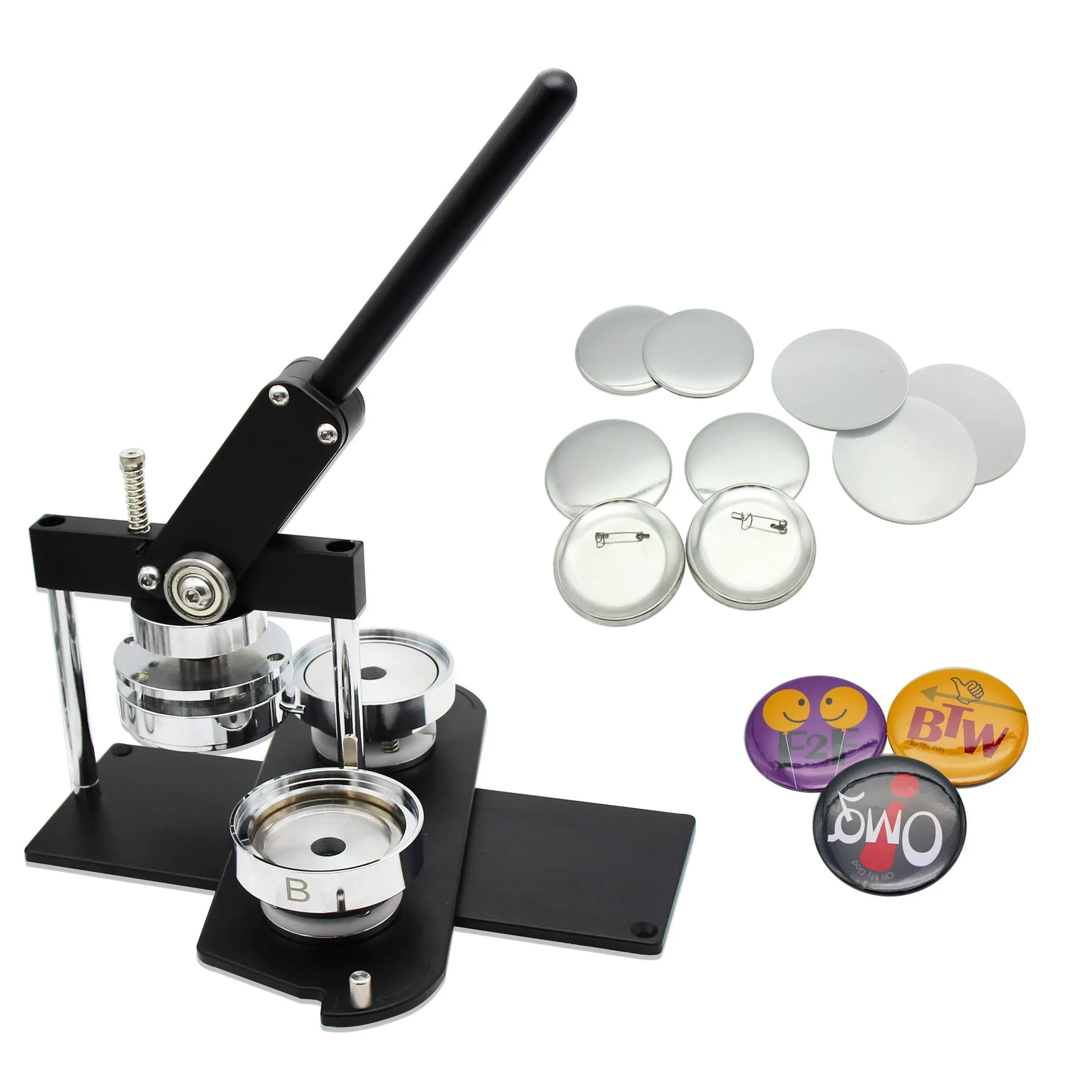 ChiButtons Button Maker Kit 75mm (3") Badge Press Machine-B400 + Round Die Moulds + 100 Sets Pin Parts + Stand Cutter (B400 Maker (Black) / Stand Cutter (Black))