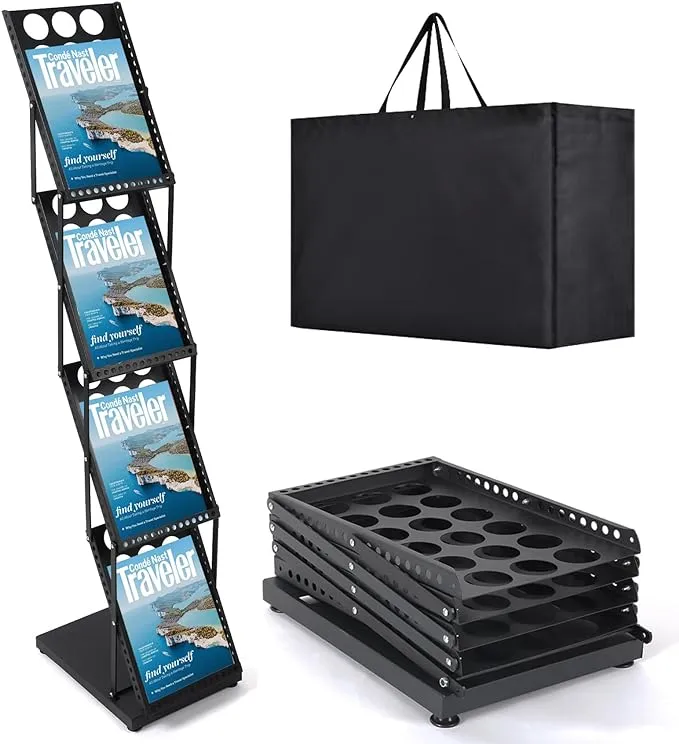 Literature Catalog Rack, Foldable Magazine Brochure Display Stand, Magazine Floor-Standing with Portable Oxford Bag, for Office Store and Exhibition Trade Show (4 Pockets, Black)