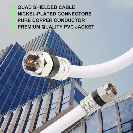 Postta Digital Coaxial Cable(20 Feet) Quad Shielded White RG6 Cable with F-Male Connectors