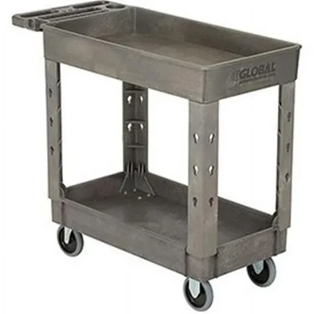 Global Industries 800299 Strength Plastic 2 Shelf Tray Service & Utility Cart, 38 x 17.5, 5 in. Rubber Casters - Gray