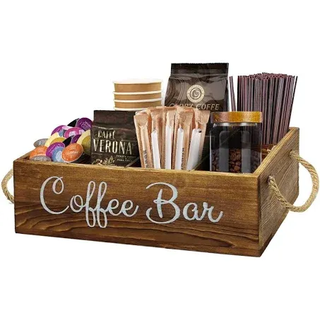 Coffee Station Organizer with Small Removable Dividers, Wooden Coffee Bar Accessories Storage For Countertop, Farmhouse Kcup Coffee Pod Holder Basket With Handle For Coffee Lover