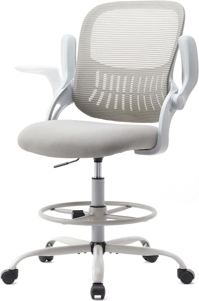 SMUG Drafting Chair Tall Office Chair, Tall Standing Desk Chair Counter Height Tall Adjustable Office Chair with Flip-up Arms, Grey