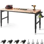 VEVOR Workbench for Garage 72" Adjustable Workbench, Heavy-Duty Hardwood Worktable with Universal Wheels, 3000 lbs Load Capacity, with Power Outlets