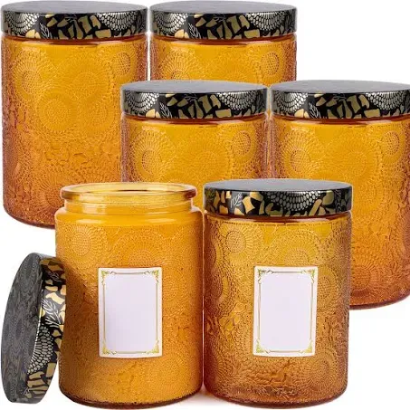 Art Secret Embossed Glass Candle Container with Tin Lid and Labels (Pack of 6)