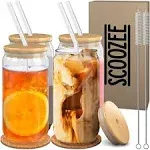 Scoozee Glass Cups with Lids and Straws (18oz, Set of 4) Iced Coffee Cup, Ice Coffee Bar Accessories | Aesthetic Home Essentials New Apartment Housewarming Gift