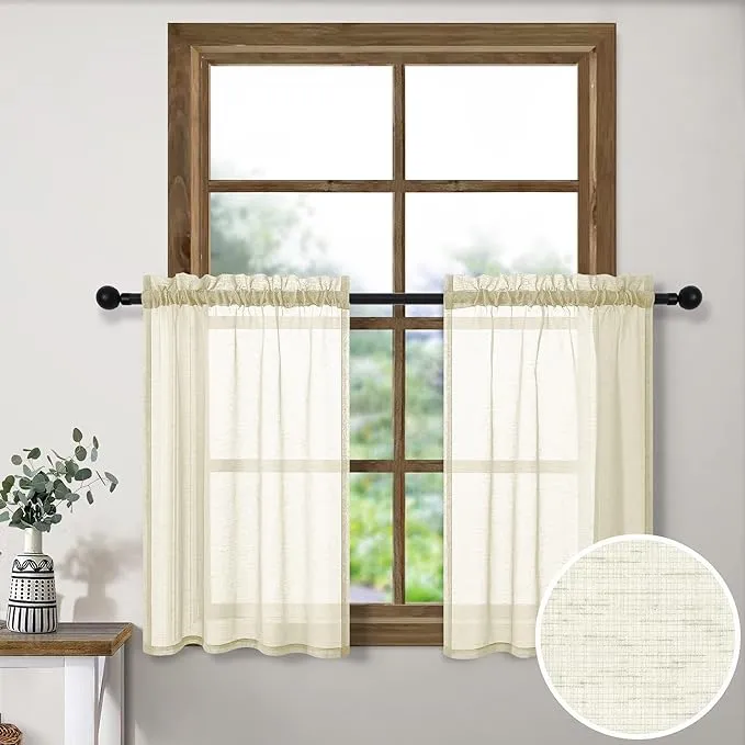 2 Piece Kitchen Curtains Faux Linen Rod Pocket Window Treatment Curtains for Short/Small Windows, Beige, 24" Long