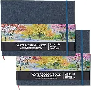 U.S. Art Supply 9" x 12" Watercolor Book, 2 Pack, 76 Sheets, 110 lb (230 GSM) - Linen-Bound Hardcover Artists Paper Pads - Acid-free, Cold-Pressed, Br