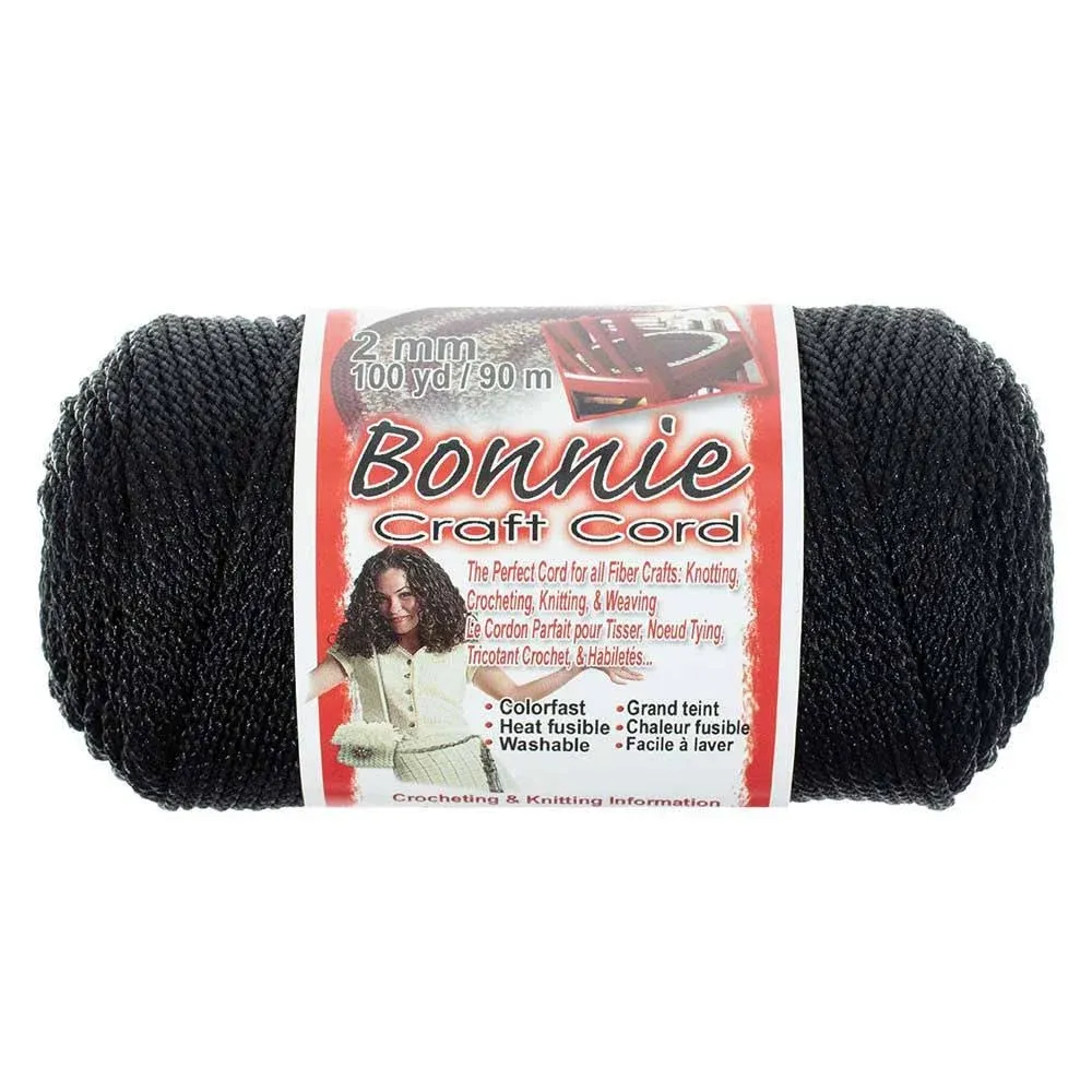 2mm Bonnie Crafting Cord - for Macramé, Knitting, and Weaving Crafts - 100 Yard Spools (Black)