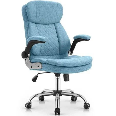 YAMASORO Ergonomic Executive Office Chair, High Back Lumbar Support Computer Desk Chairs with Wheels and Flip-up Arms, Linen Fabric, Blue