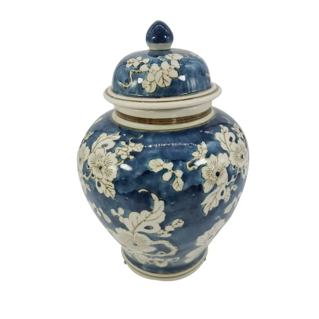 Galt International Blue and White Flower Chinoiserie Ginger Jar 12" w/Lid Ginger Jar, Tea Storage Decorative Home Decor Jar