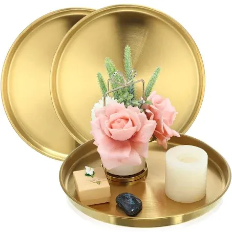 Thenshop 3 Pieces Round Serving Tray Stainless Steel Round Coffee Table Tray Circle Decorative Tray Decorative Vanity Tray Jewelry Makeup Organizer for Bathroom Candle Perfume (Gold,12 Inch)