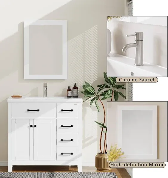 walsport 36 inch Bathroom Vanity with Ceramic Sink & Mirror, Wood Double Door Bathroom 5 Drawer Storage Vanity Combo Set,White