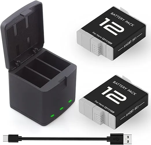 2 Pack Battery fit for GoPro-Hero 12 Black, 3-Channel Batteries Charger Station for Hero 12 Camera