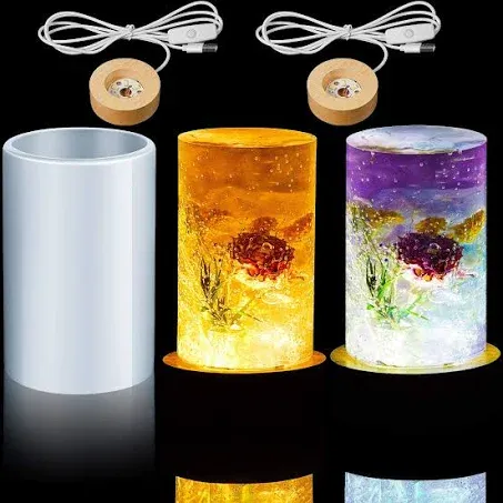 3 Pieces Cylinder Light Resin Silicone Mold Set, Include Resin Cylinder Light Mold and USB Powered Wooden Lighted Base Stand for DIY Table Candle Desktop Lamp Ornaments Home Decorations