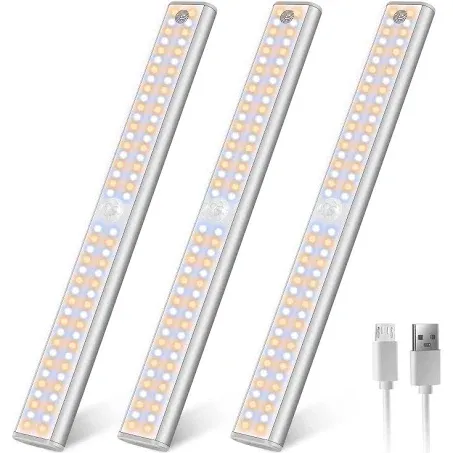 Under Cabinet Lights Motion Sensor Light Dimmable, 80 LED Closet Light Rechargeable Magnetic Under Cabinet Lighting, Under Counter Lights for Kitchen, Wardrobe, 3-Pack