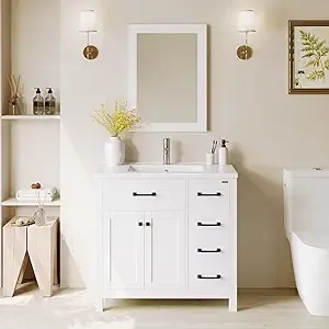 Walsport 36 inch White Bathroom Vanity with Sink Modern Wood Cabinet Basin Vessel ...