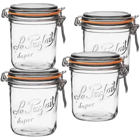 Le Parfait Super Terrine Jar | 24oz/Pint & Half (Pack of 4) 750ml French Glass Jar, Airtight Rubber Seal & Glass Lid | Glass Jars for Kitchen Organization and Storage Containers for Kitchen Essentials