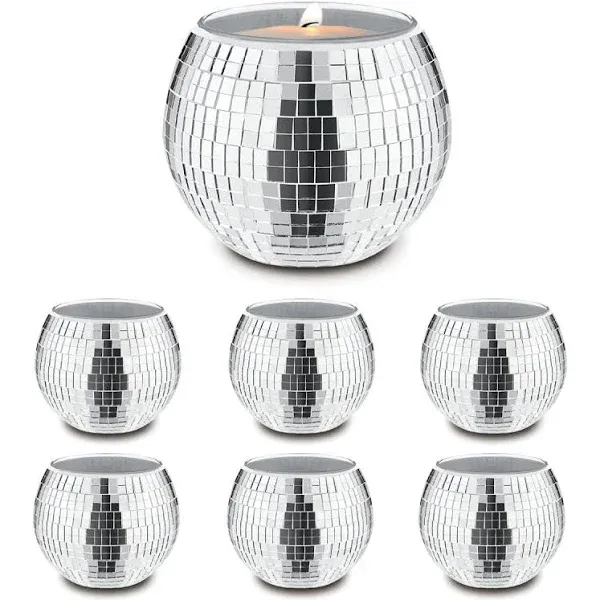 6 PCS Disco Ball Silver Votive Candle Holders,Glass Mirror Candle Holder Disco Ball Candle Holder Disco Ball Candle Vase Can Be Used for Wedding,Dining Table,Party Disco Ball Decoration