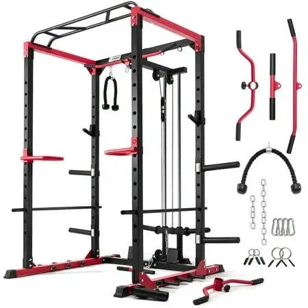 RitFit All-in-One Squat Rack for Home Gym, PPC02C Multi-function 1000 lbs Capacity Power Cage with LAT Pulldown, Pulley System, Dip Bar, Landmine &