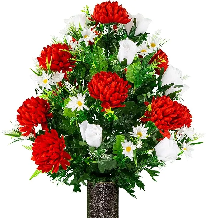 Sympathy Silks Artificial Cemetery Flowers - Red Mum and White Rose Bouquet