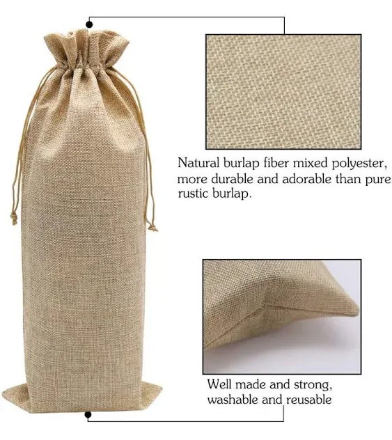 HRX Package 10pcs Burlap Wine Bags for 1.5L Magnum Bottles, Hessian Cloth Glass Liquor Bottle Bags Covers for Christmas Wedding Party