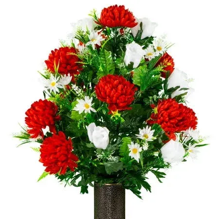 Sympathy Silks Artificial Cemetery Flowers – Realistic Vibrant Roses, Outdoor Grave Decorations - Non-Bleed Colors, and Easy Fit - 1 Red Mum and White Rose Bouquet