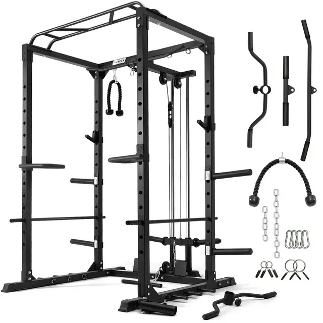 RitFit All-in-One Squat Rack for Home Gym, PPC02C Multi-function 1000 lbs Capacity Power Cage with LAT Pulldown, Pulley System, Dip Bar, Landmine &