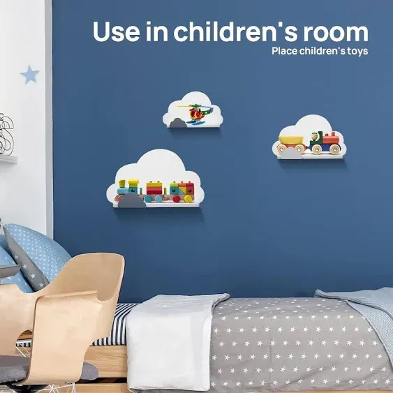 Set of 3 Cloud Shelves for Kids’ Room – Wooden Floating Wall Shelf Cloud Decorations, Floating Book Shelves for Baby Room Décor or Nursery, Stylish & Easy to Install