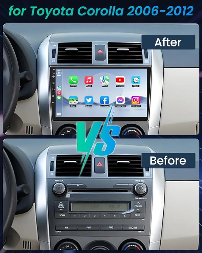 2G+32G Android Car Radio for Toyota Corolla 2006-2012, Car Stereo with Wireless CarPlay Android Auto 1280x800 HD 9’’ IPS Touchscreen GPS Navigation Bluetooth 5GWiFi FM Backup Camera Mic