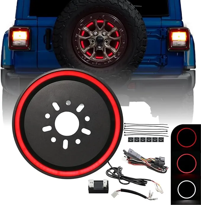 USR 2018+ JL WRANGLER Spare Tire 3rd Third Brake SWITCHBACK Red/White LED HALO Wheel Light Compatible with 2018-2024 Jeep Wrangler JL w/OEM Non-LED Tail Models (Plug & Play, Running+Brake+Reverse)