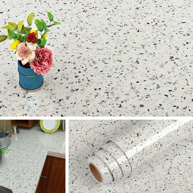 Livelynine 15.8"x394" White Granite Countertop Peel and Stick Wallpaper Terrazzo Contact Paper for Countertops Waterproof Granite Table Top Sticker Cover Kitchen Counter Top Covers Removable Sticky