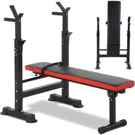 Folding Bench Press Workout Set Adjustable Fitness Barbell Rack Multi-Function Weight Bench Set Strength Training Bench with Squat Rack Set, for Incline/Decline, Sit-Ups, Full-Body Exercise, Home, Gym